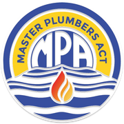 A master plumbers act logo with a flame in the middle