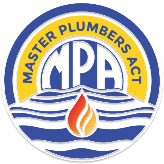 A master plumbers act logo with a flame in the middle