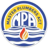 Master Plumbers Act logo with blue and yellow circular design, and flame icon.