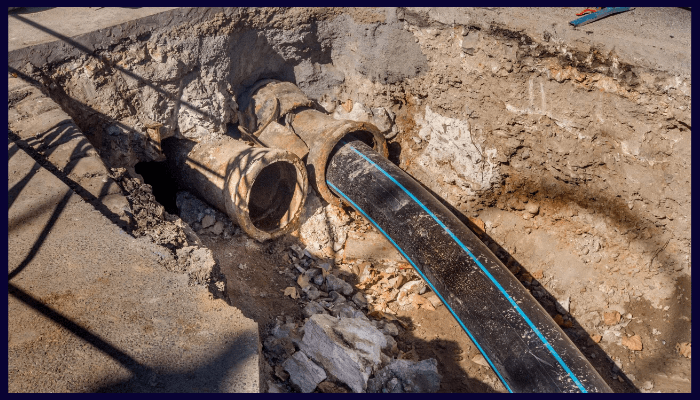 Pipe bursting trenchless replacement pulling new pipe through old damaged drain in Canberra
