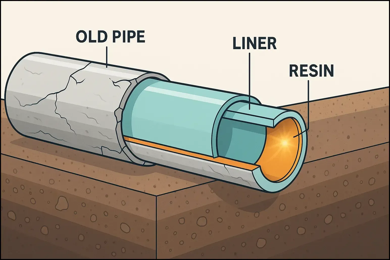 Pipe relining cross section showing liner and resin inside old pipe