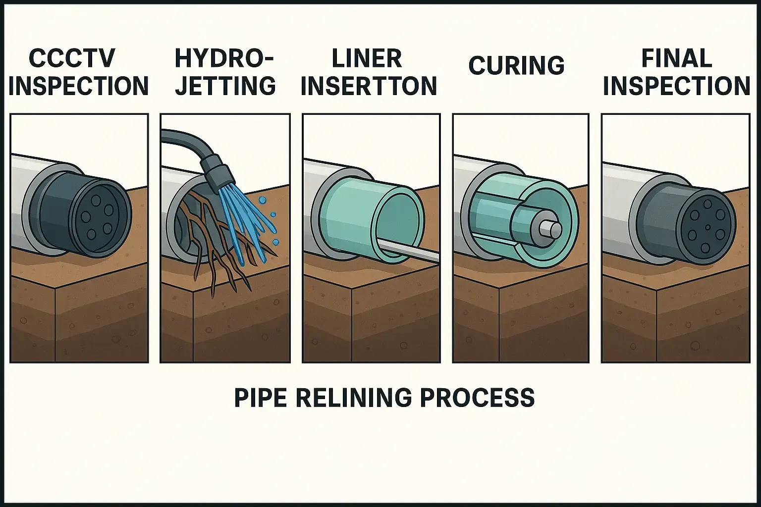 Pipe relining process steps from CCTV inspection to final inspection