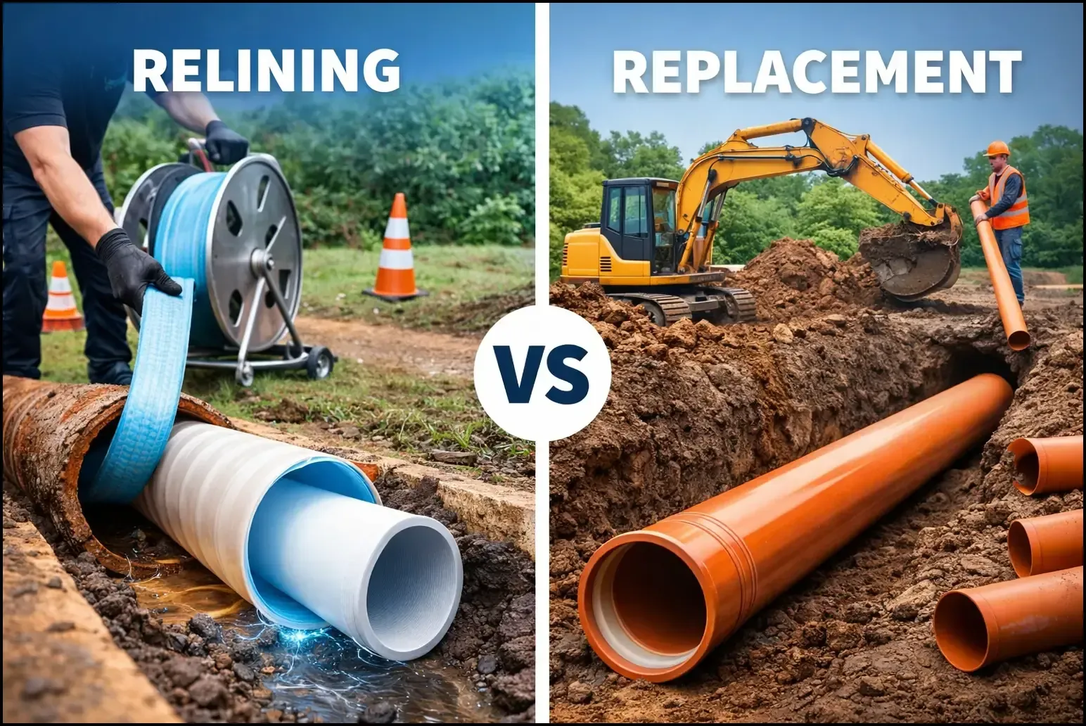 Side by side comparison of trenchless pipe relining versus traditional pipe replacement excavation in Australia