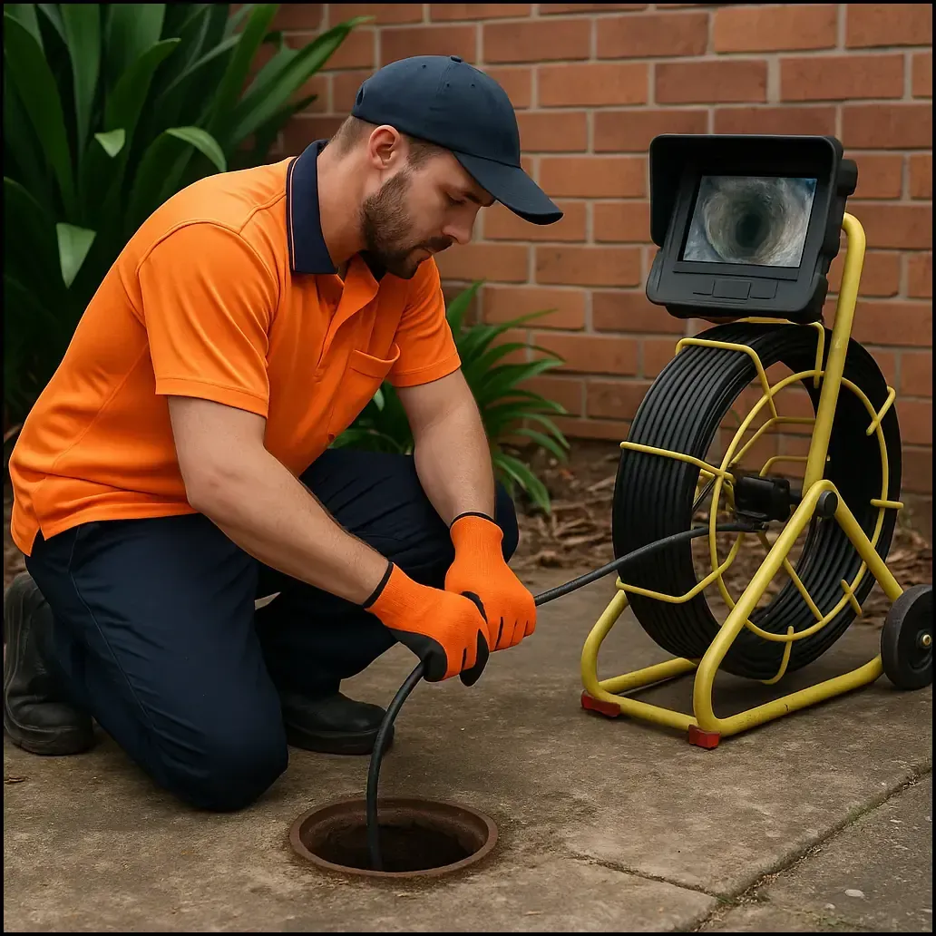 Plumber performing CCTV drain inspection for pipe relining in Canberra