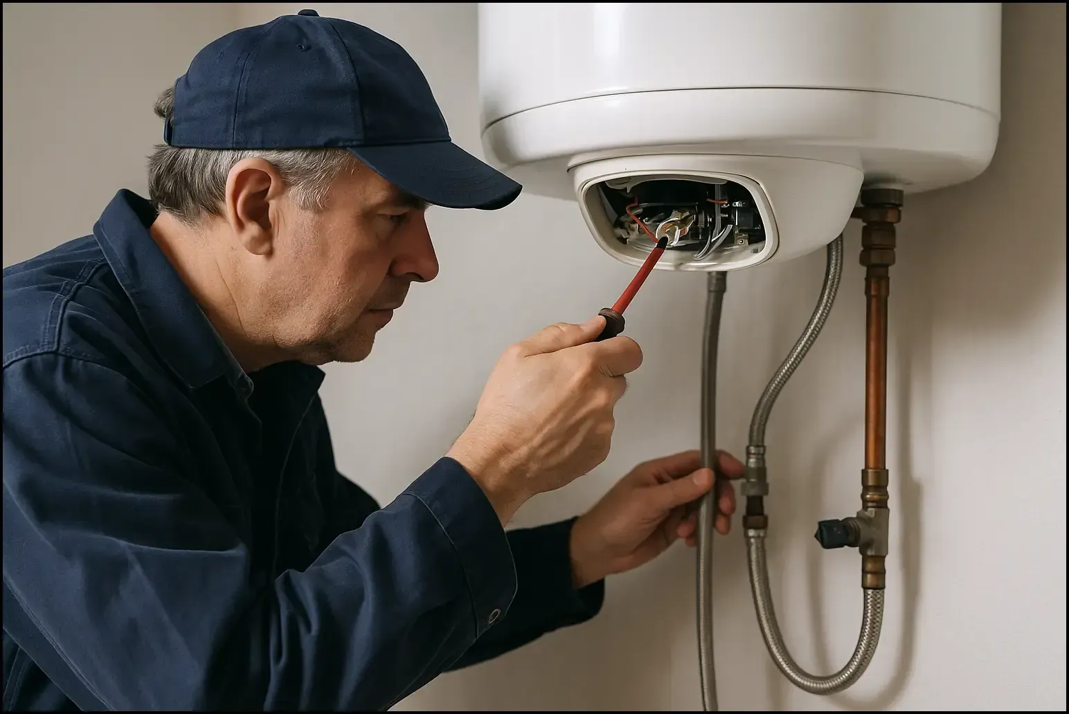 Licensed Australian plumber inspecting a residential hot water system for repair or replacement