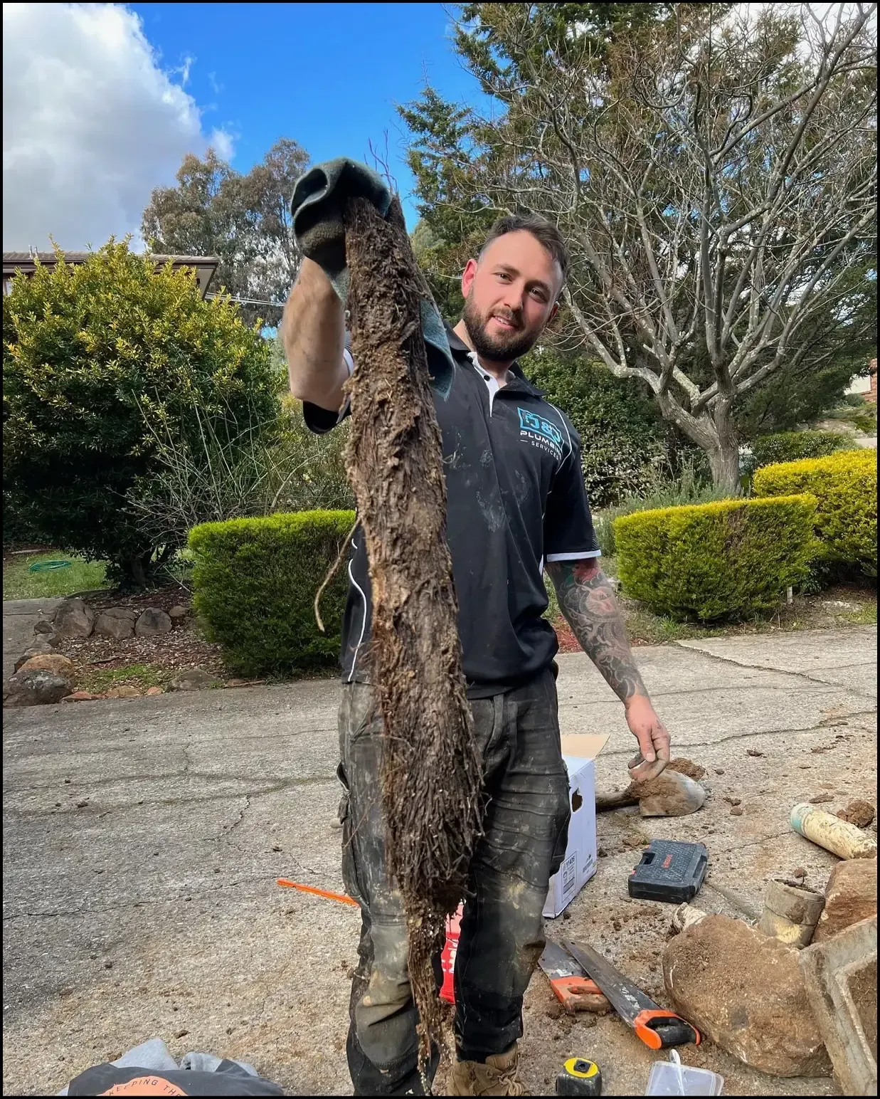 Australian plumber holding large tree roots removed from a blocked sewer drain during repair work