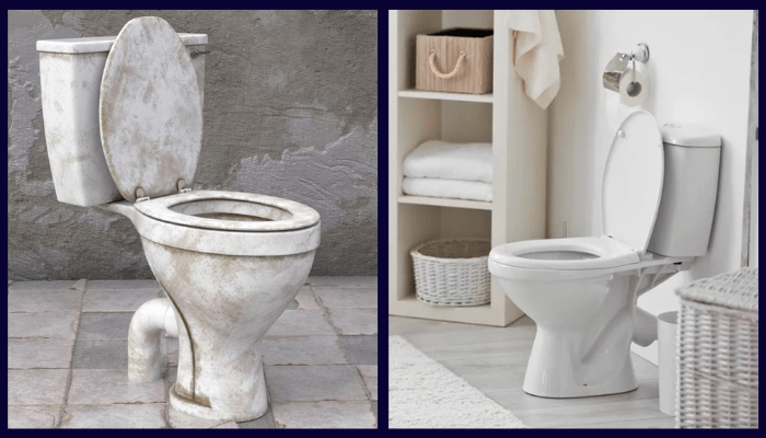Before and after image showing a stained, broken toilet beside a modern, clean toilet in a renovated Canberra bathroom.