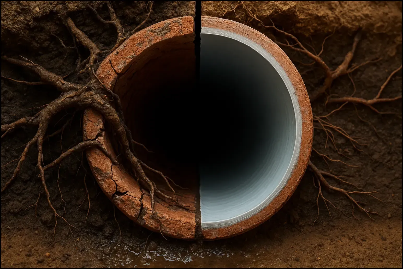 Tree roots breaking into damaged clay sewer pipe in Canberra