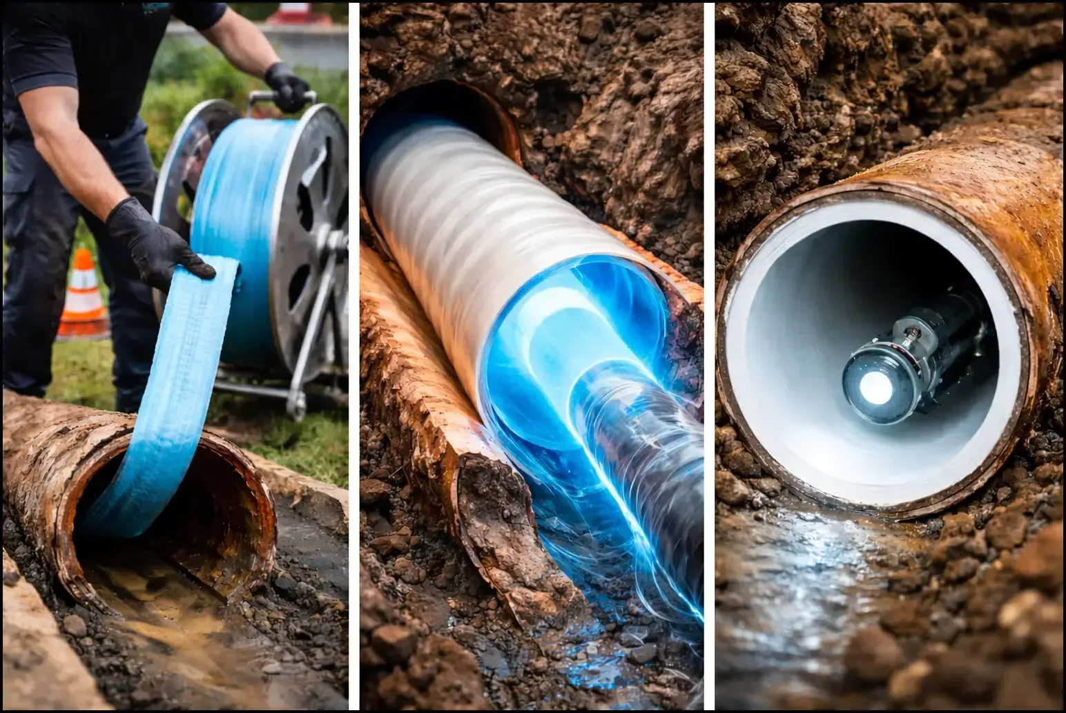 Plumber installing a resin liner during trenchless pipe relining to repair damaged underground pipes