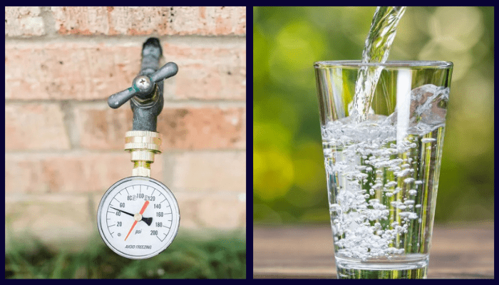 Side-by-side image showing a tap with a water pressure gauge and a glass being filled with soft water — highlighting two common causes of leaking taps in Canberra homes.