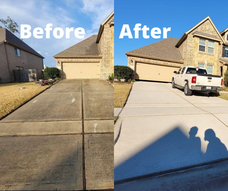 A before and after photo of a driveway with a truck parked in front of a house.