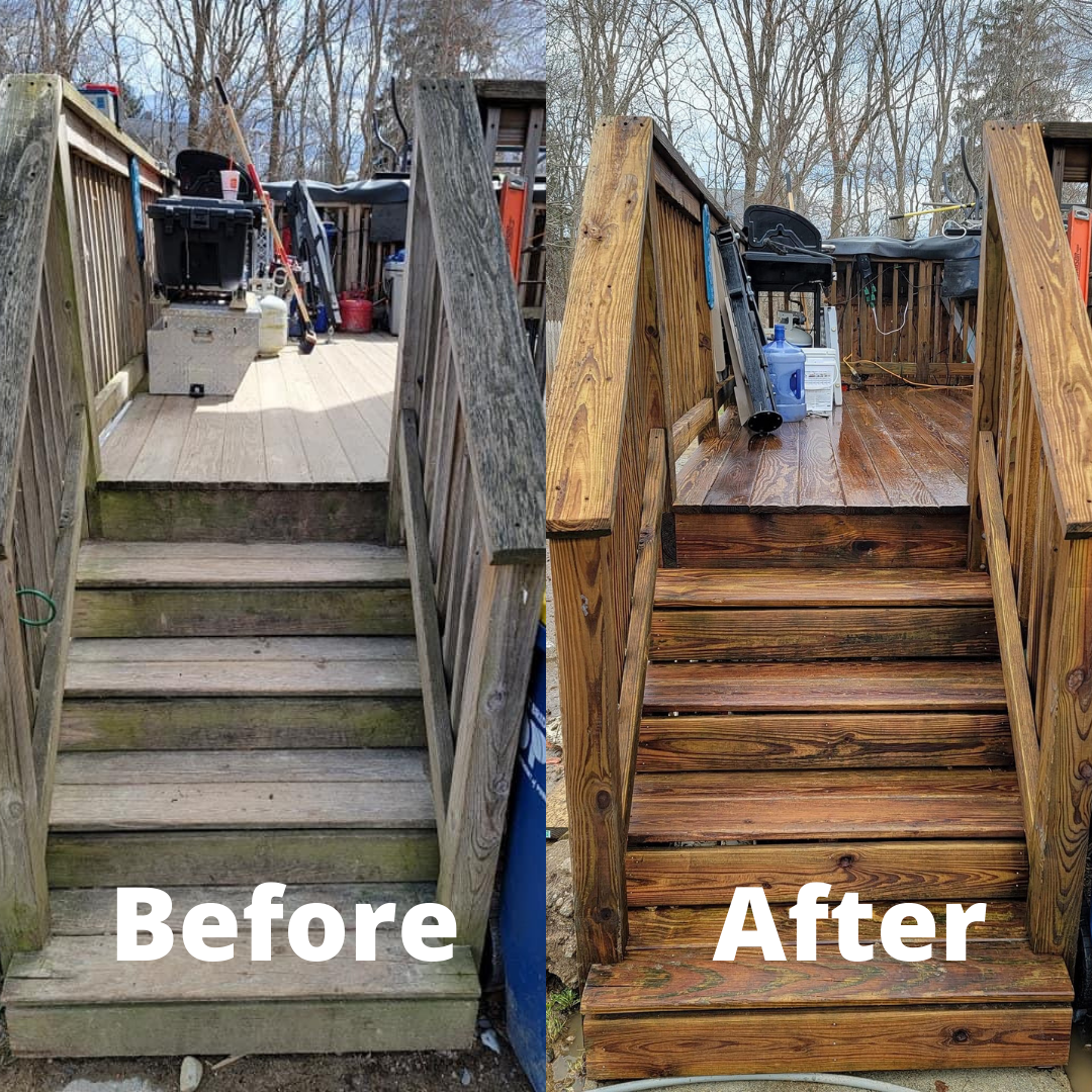 A before and after picture of a wooden deck with stairs.