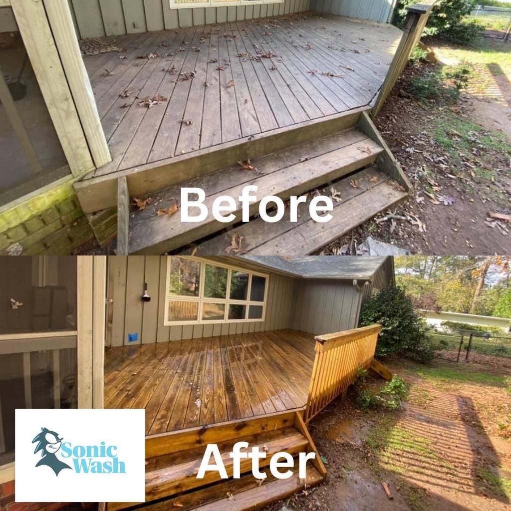 A before and after photo of a deck being cleaned by sonic wash.