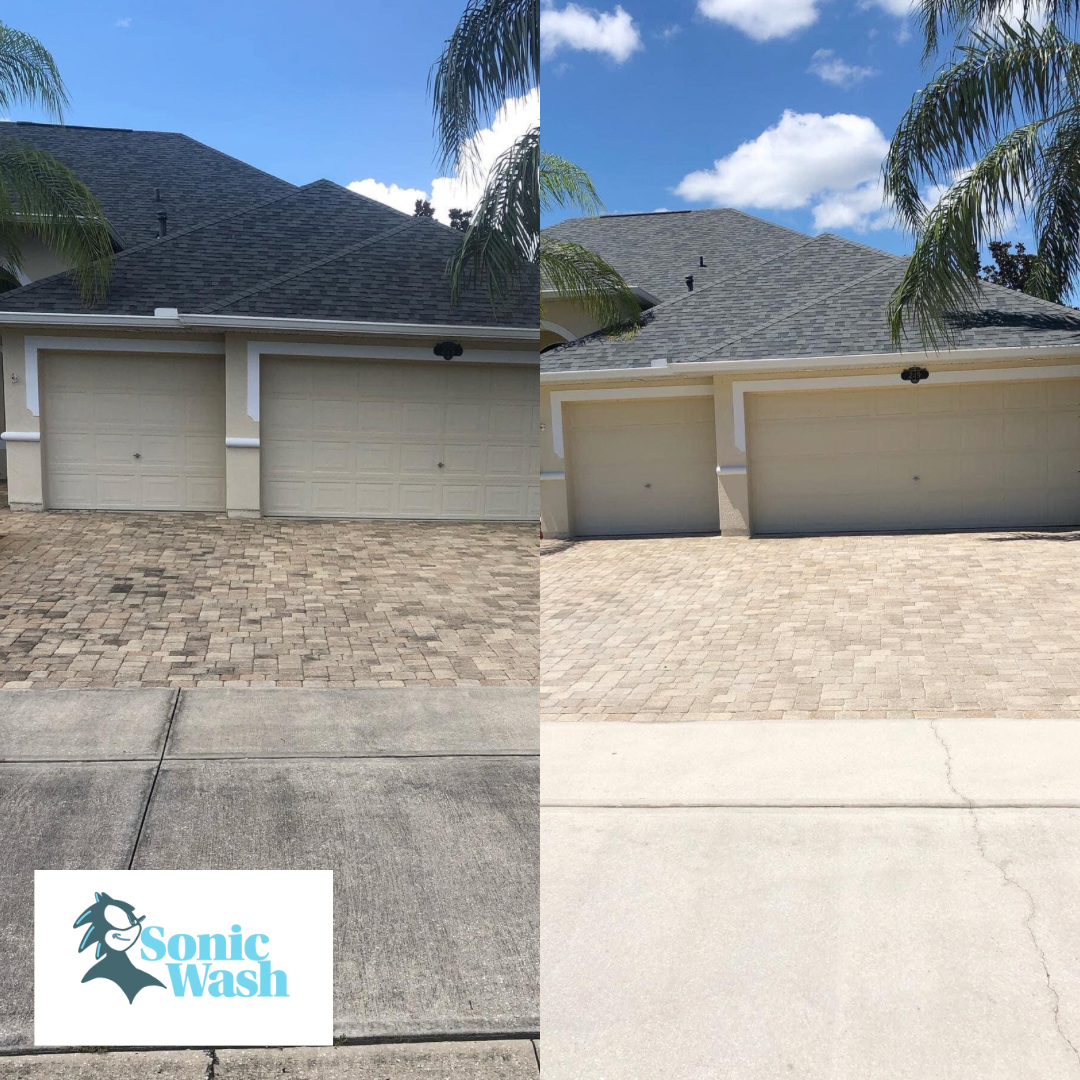 A before and after picture of a house with a sonic wash logo