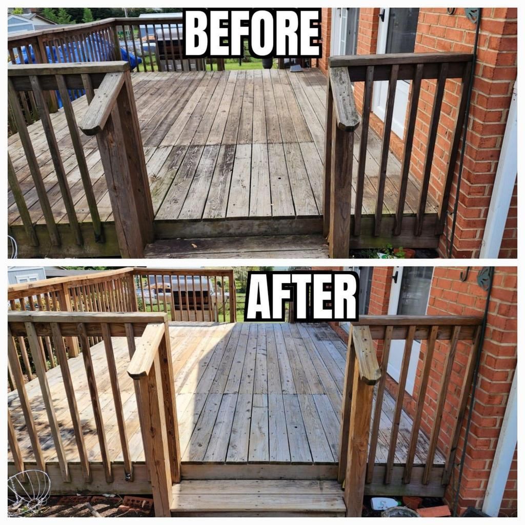 A before and after photo of a wooden deck.