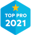 A blue badge that says top pro 2021 with a yellow star