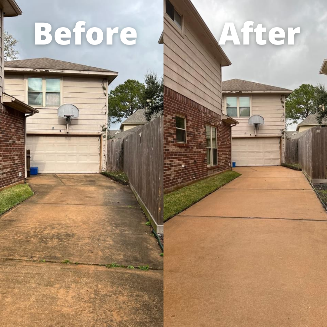 A before and after photo of a driveway leading to a house