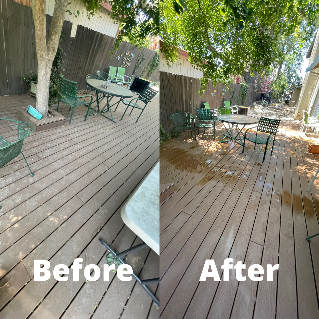 A before and after photo of a wooden deck with tables and chairs.