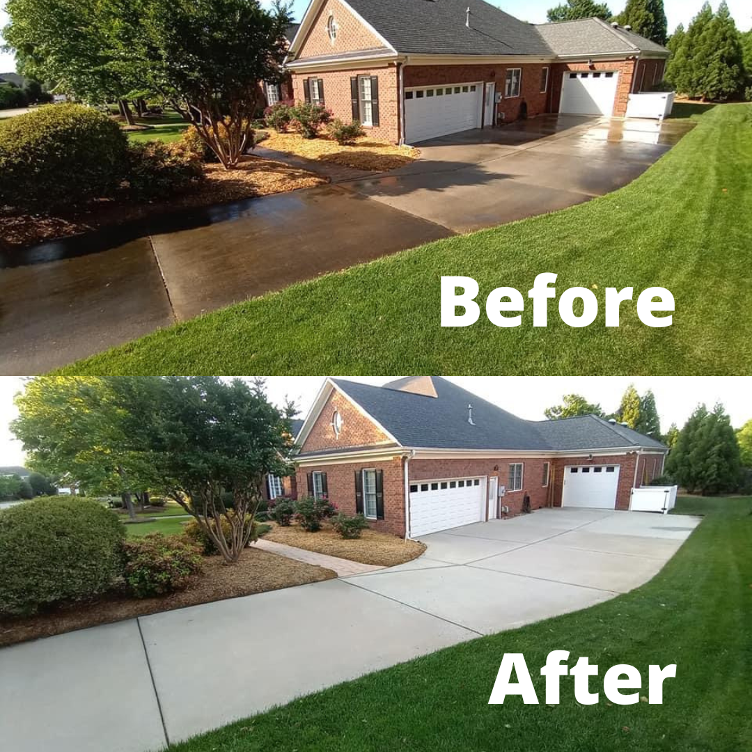 A before and after picture of a house with a driveway.