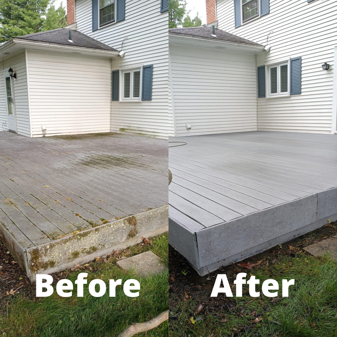 A before and after picture of a deck in front of a house.