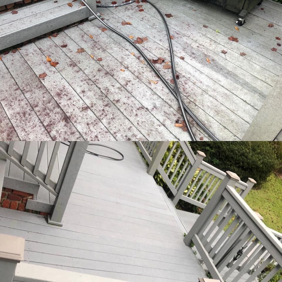 A before and after picture of a wooden deck