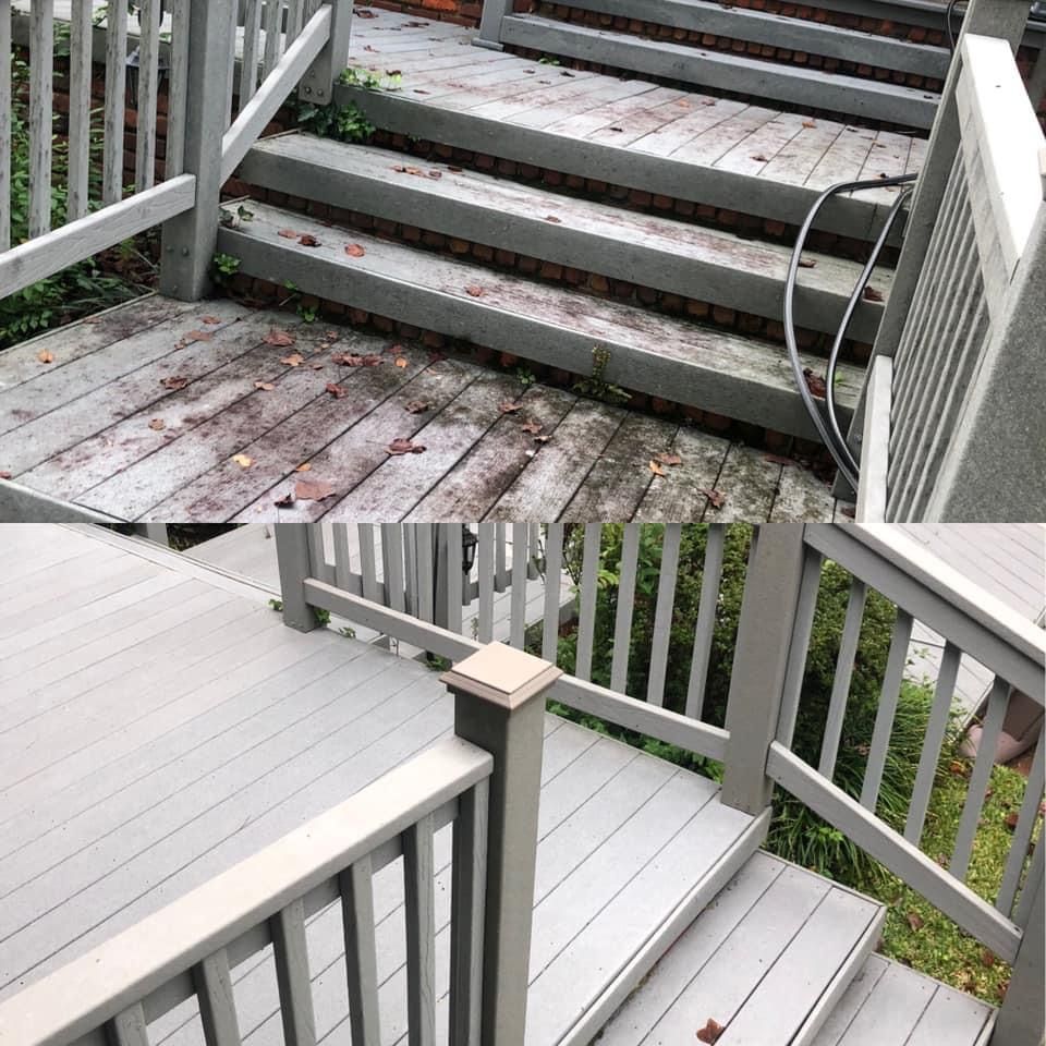 A before and after picture of a deck and stairs