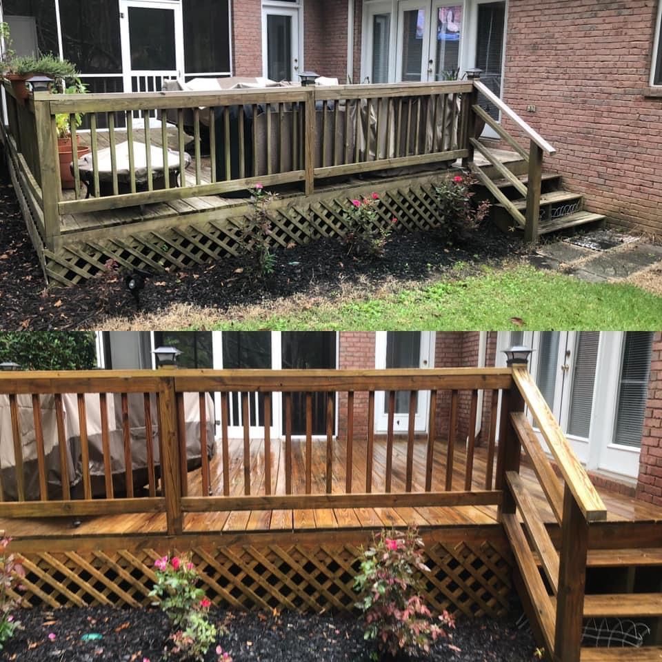 A before and after picture of a wooden deck in front of a brick house.