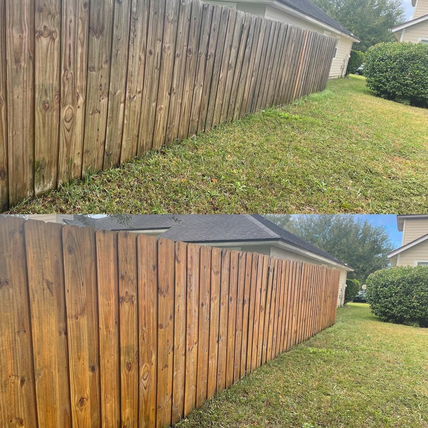 A before and after photo of a wooden fence in a yard.