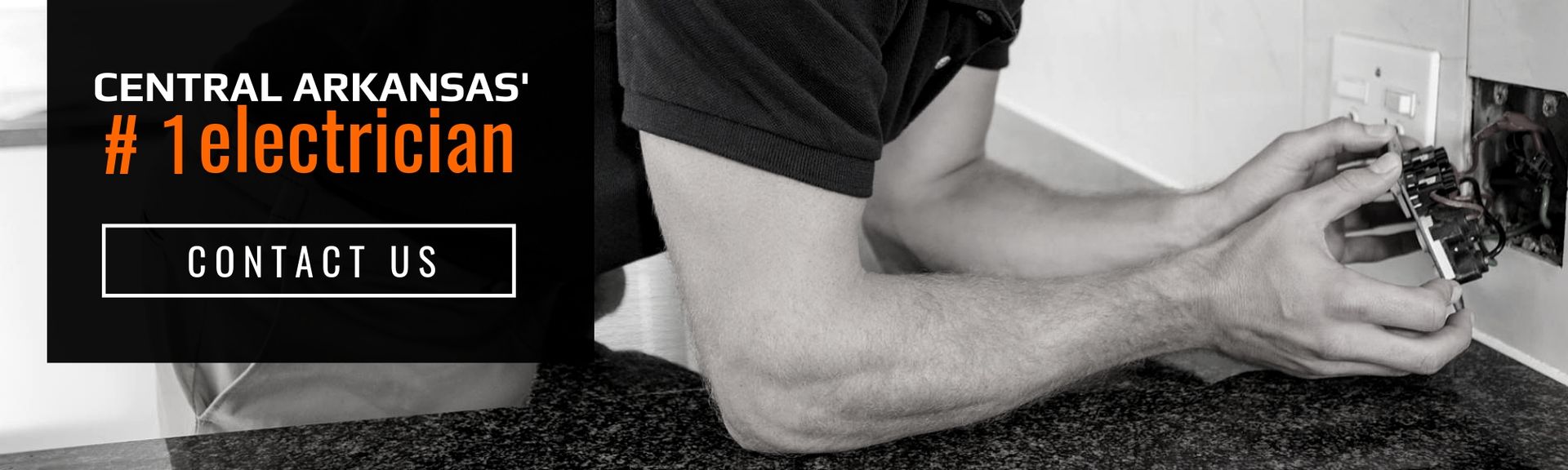 A black-and-white promotional banner for an electrician featuring a person working on an outlet and a Contact Us button.