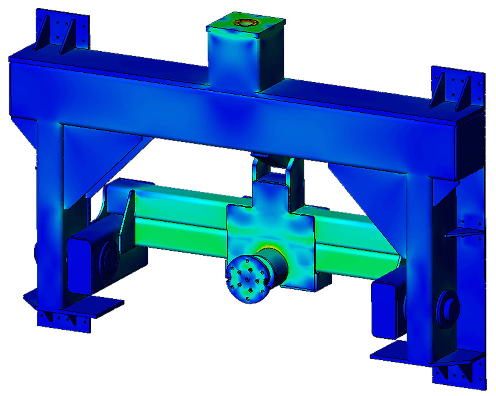 A stress heat map to an engineered part. The part is mostly deep blue, with aqua greens in the center.