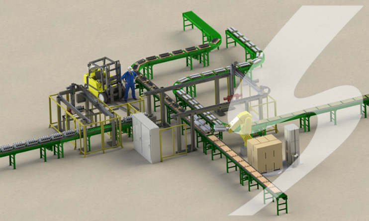 3D rendering of factory floor. Pictured is conveyor belts, robotic arm, a man, and a forklift.