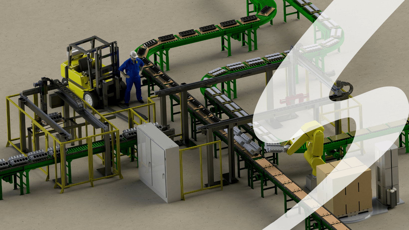 3D rendering of factory floor. Pictured is conveyor belts, robotic arm, a man, and a forklift.