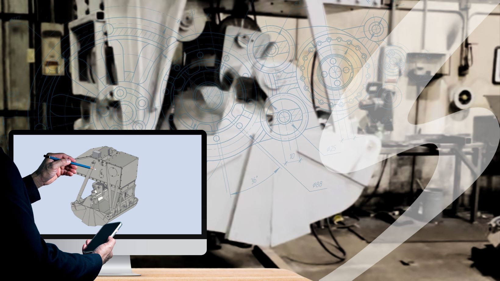 CAD model of clam shell bucket on a computer, with the physical bucket behind the screen.