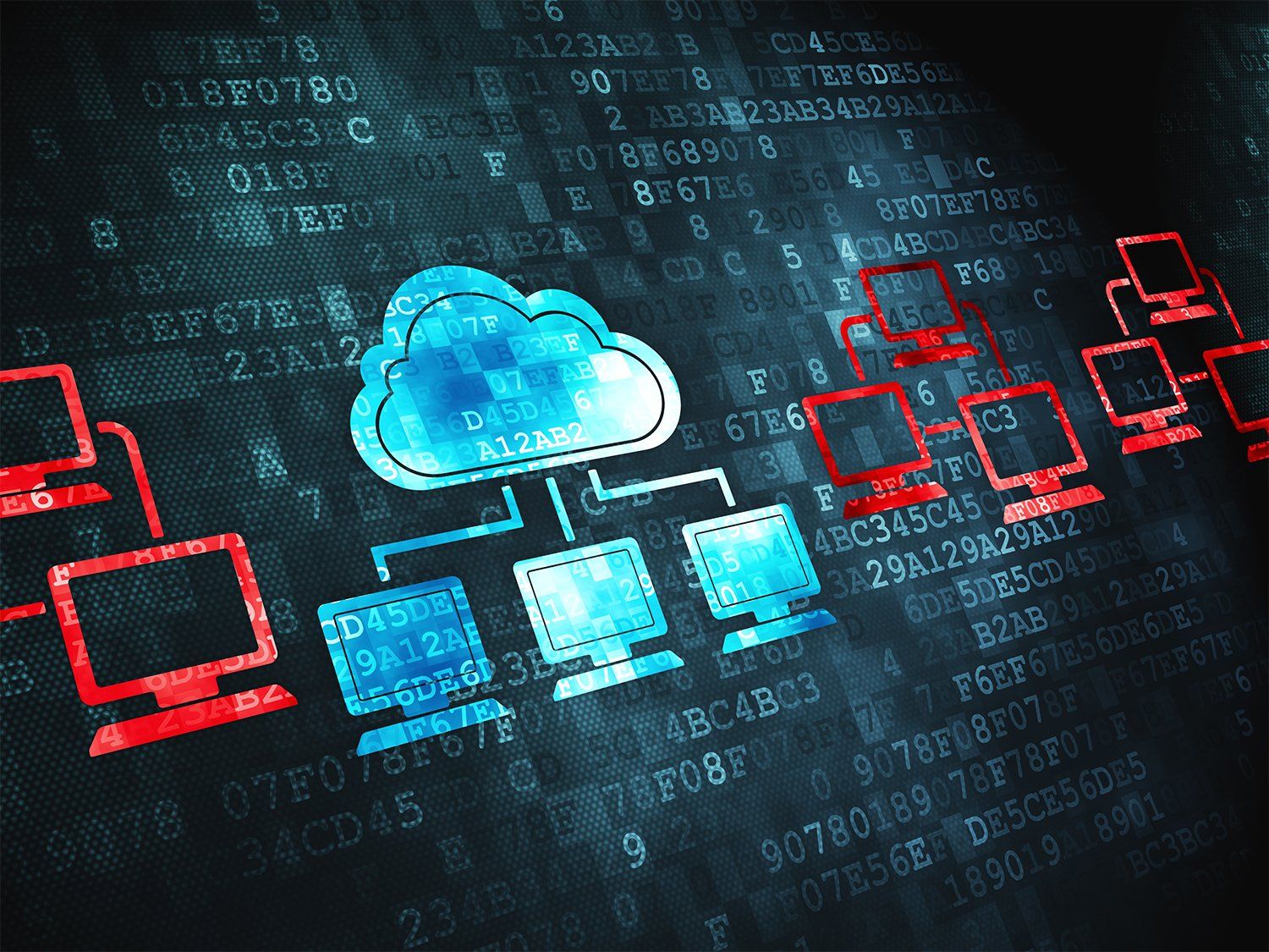 Network graphic displaying three local networks between three machines, and one cloud network to three machines.
