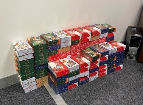 Two rows of stacked cookie boxes against a wall. There are 121 boxes pictured.