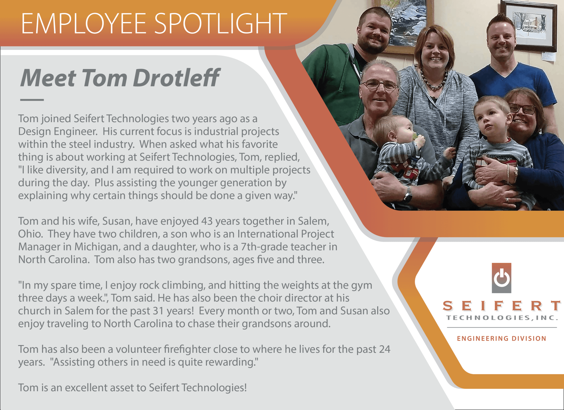 Employee spotlight for Top Drotleff, including a brief biography. Pictured is him and his family.