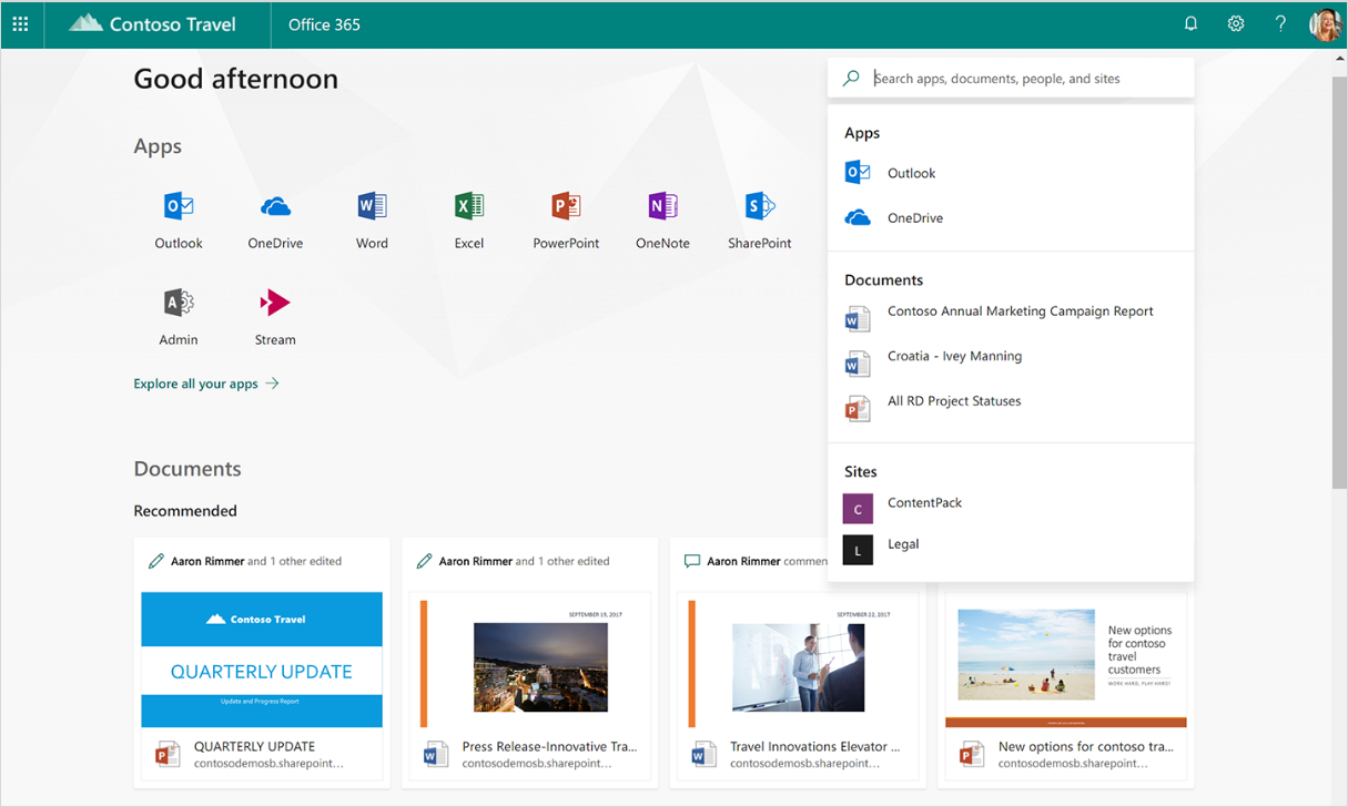 Microsoft Office 365 greeting screen.