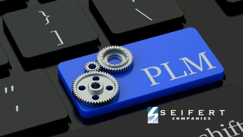 Blue computer key graphic with the letters PLM on it and some small gears. Seifert Companies logo bottom right.