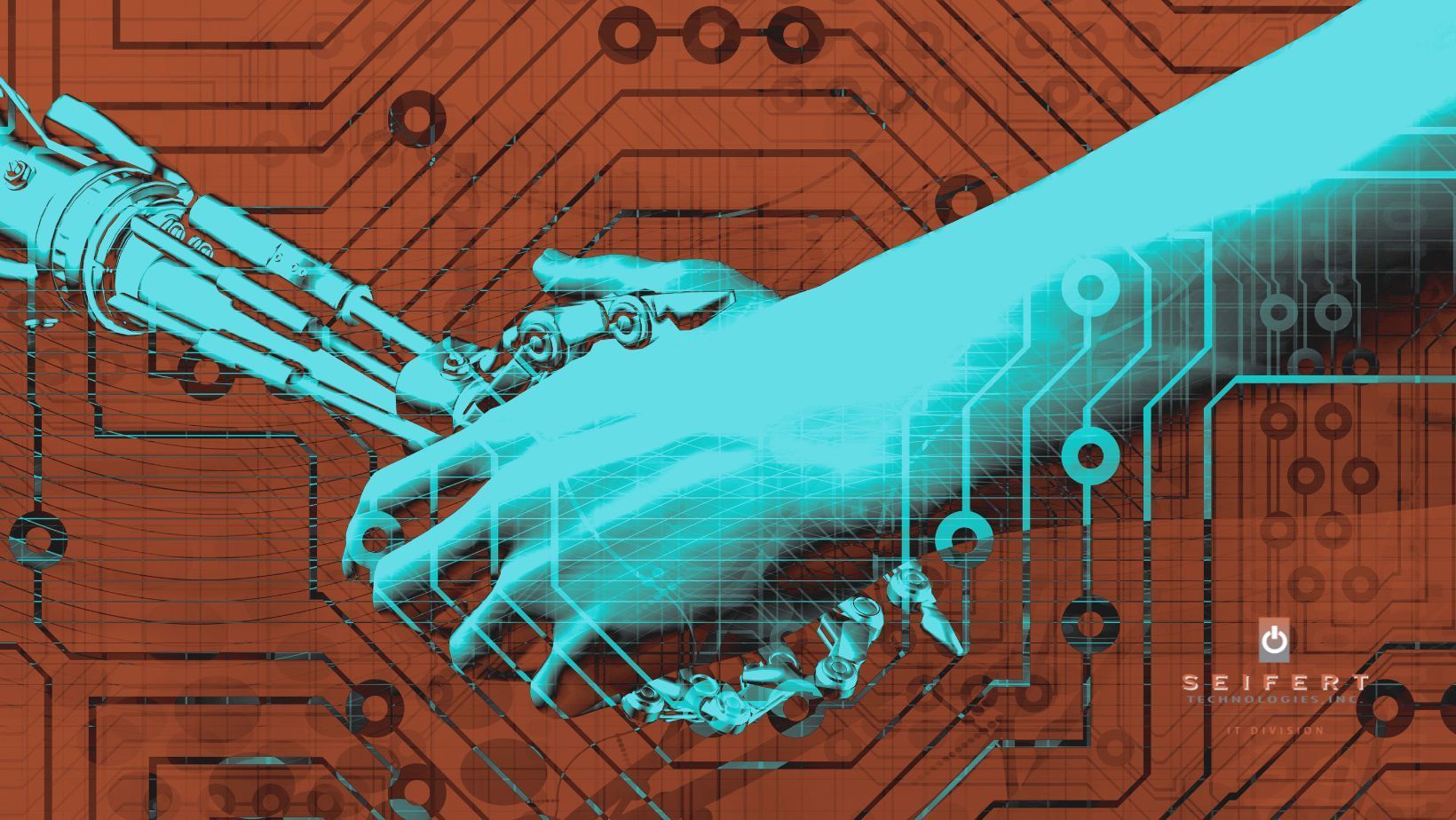 A graphic of a handshake between a human and robot, colored blue, over an orange background of a computer chip.