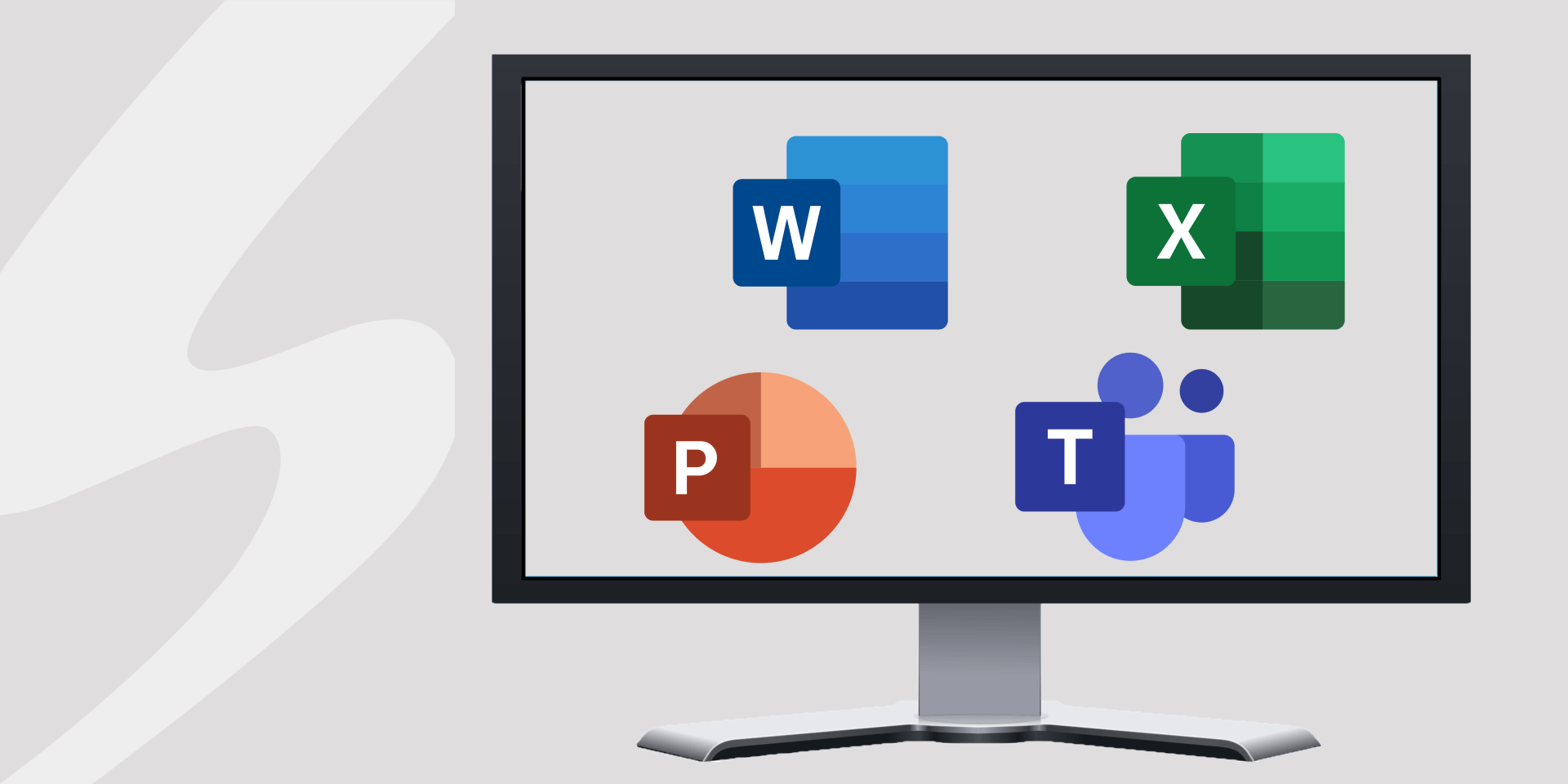 Computer with Microsoft icons for Word, Excel, PowerPoint and Teams
