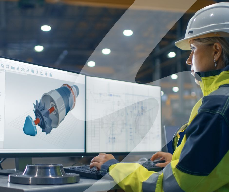 A woman in a hard hat and high visibility vest at a computer, looking at a CAD render of a turbine.