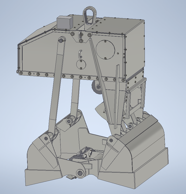 Grey CAD model of a clam shell bucket.