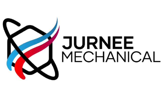 Logo for Jurnee Mechanical, with a geometric shape and curving blue and red lines.