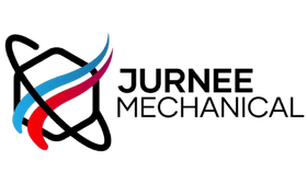 Logo for Jurnee Mechanical, with a geometric shape and curving blue and red lines.