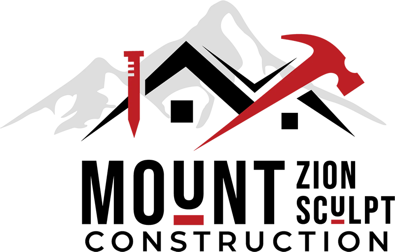 Logo for Mount Zion Construction, featuring a house silhouette with mountains, hammer, nail.