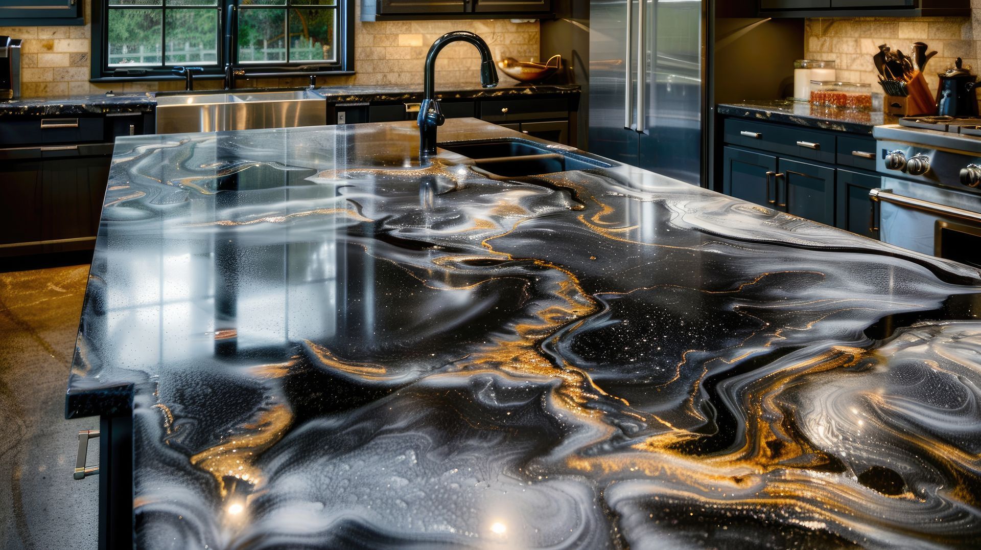 A kitchen with a black and gold granite counter top.