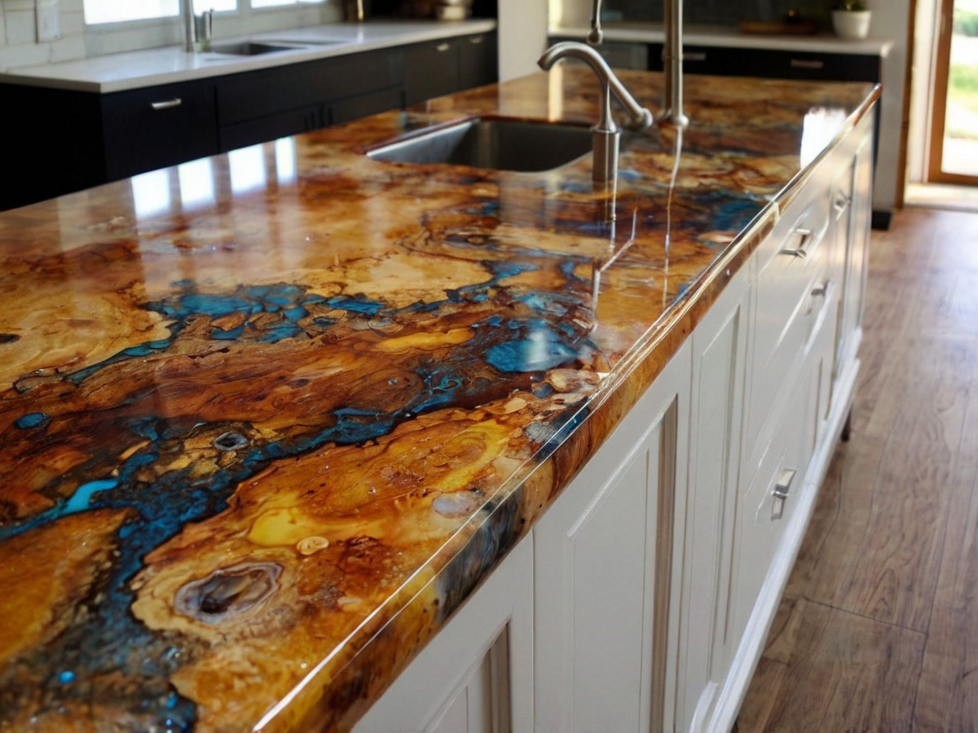 A kitchen with a large counter top and a sink