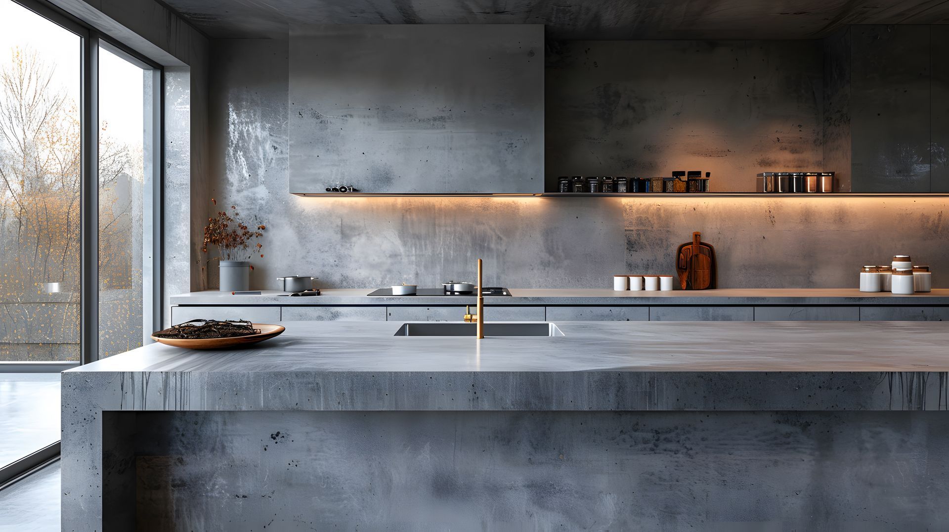 A kitchen with a large island and a sink.