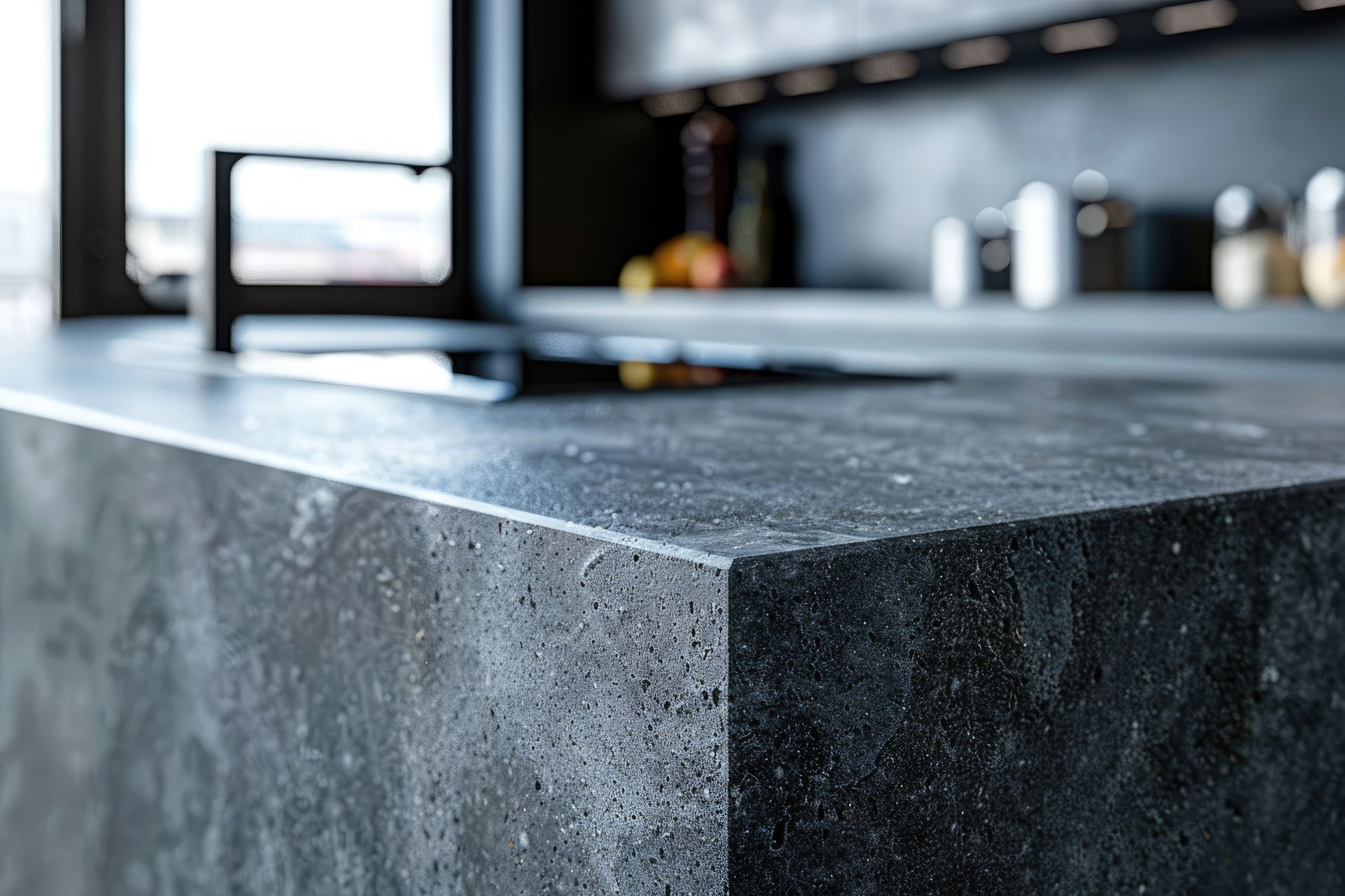 A close up of a black counter top in a kitchen.
