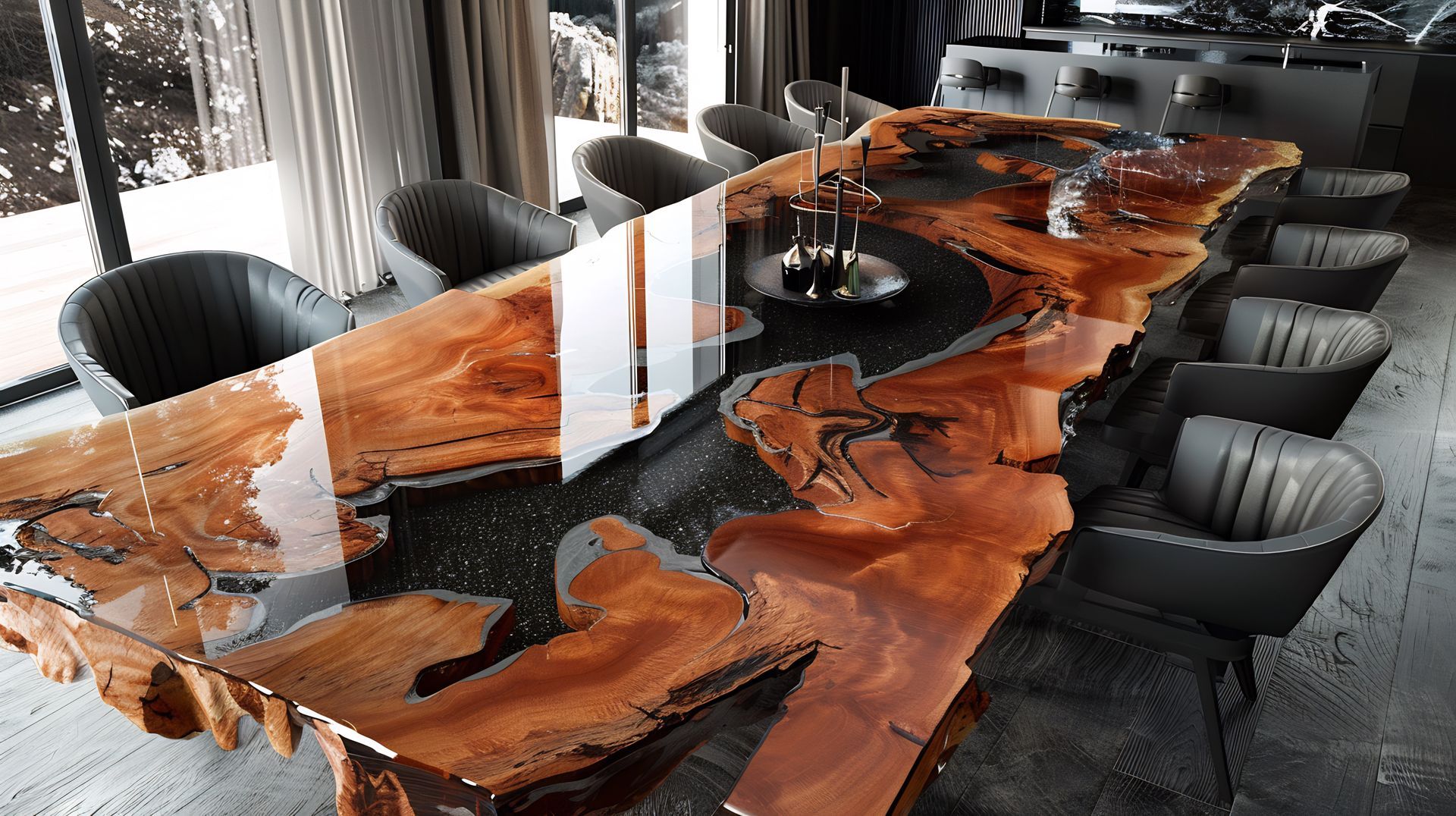 A large wooden table with chairs around it in a room.